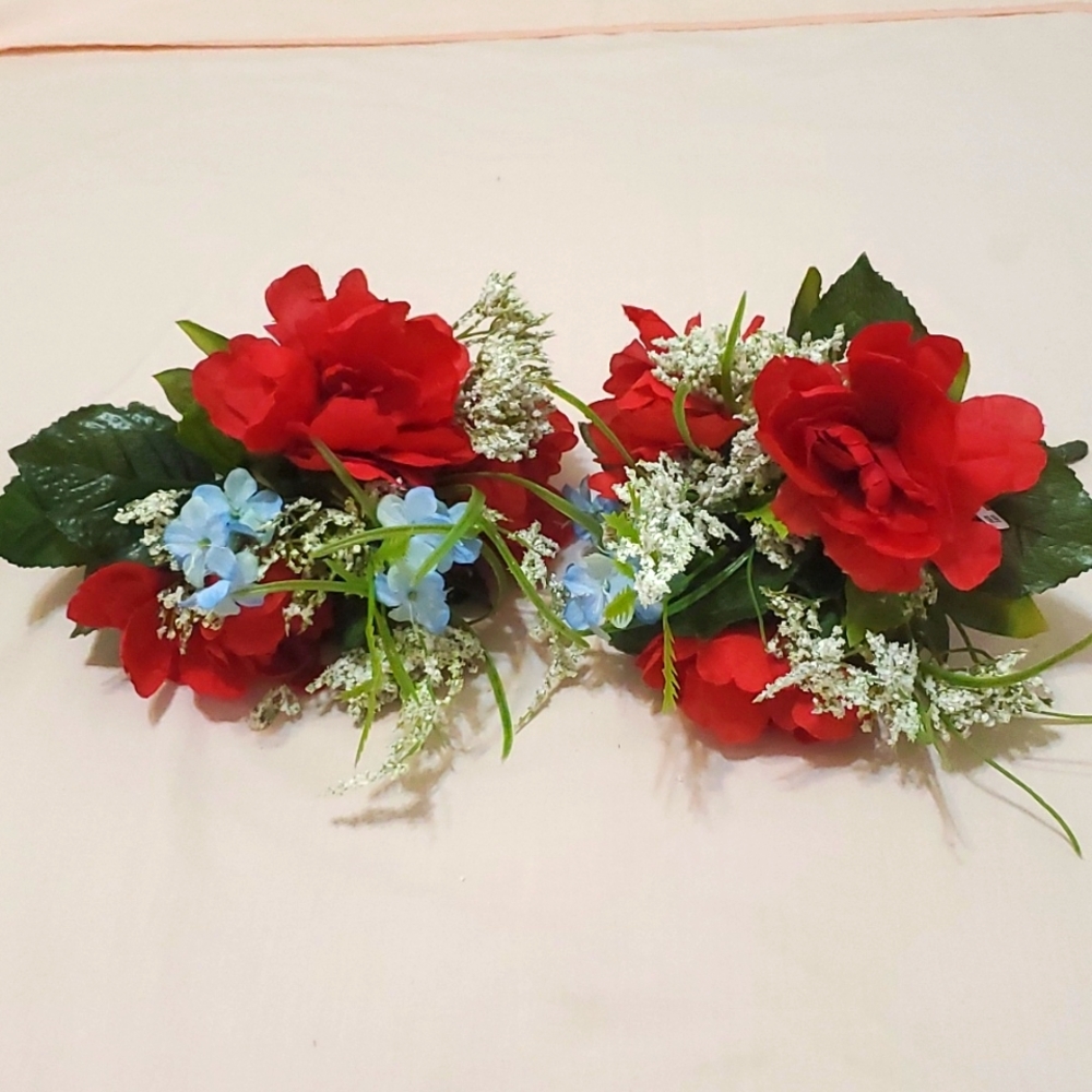 2 Faux Red/Blue/Baby's Breath Bushes